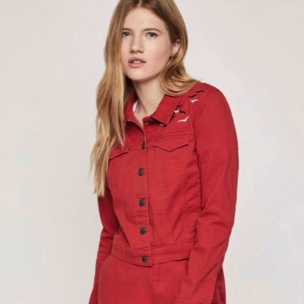 Cropped Denim Jacket Red Cotton Lightweight Utility Embroidered Birds